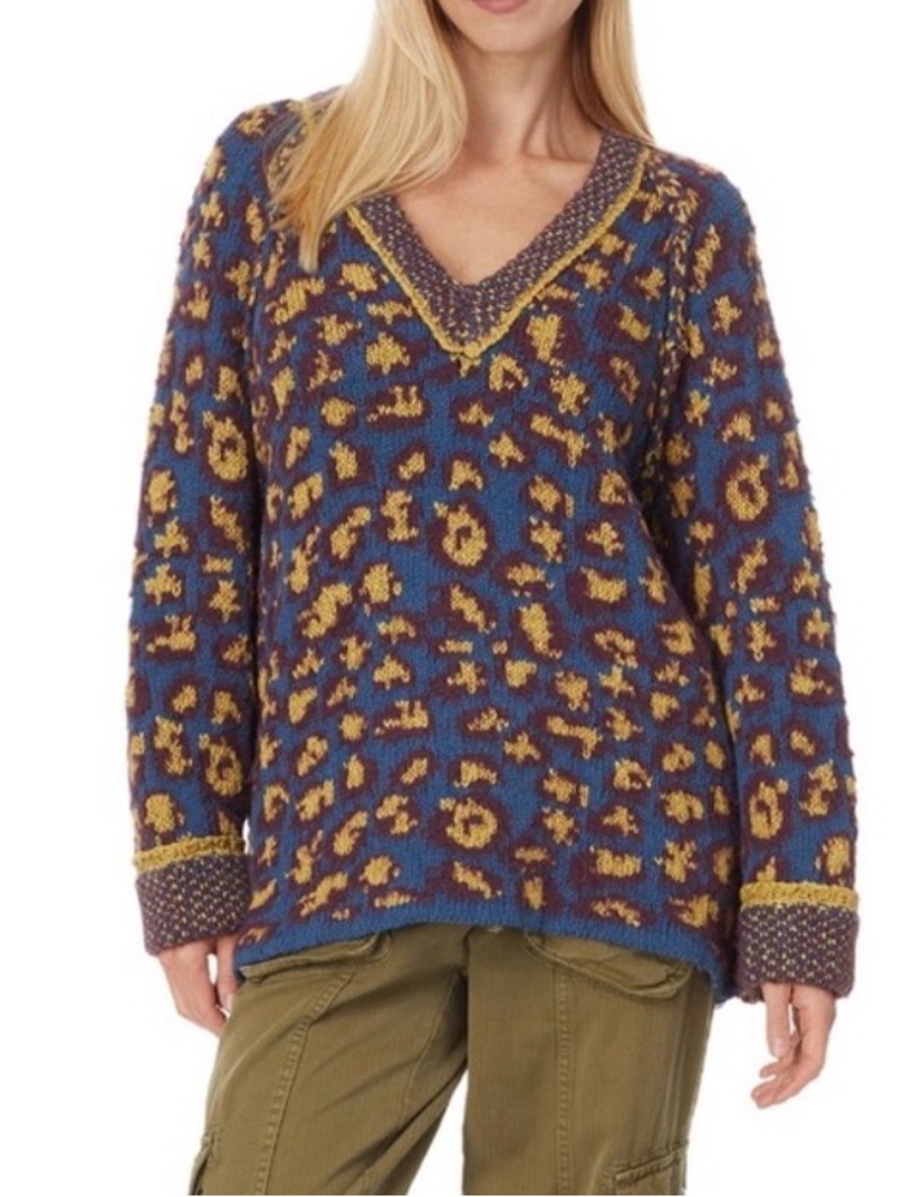 Free People Women's Little Animal Pullover V-Neck Oversized Sweater Fig Small